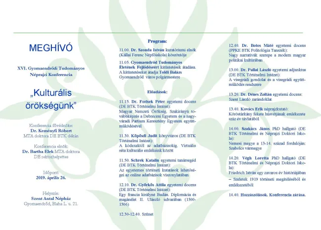 XVI. Gyomaendrődi Tudományos Néprajzi Konferencia